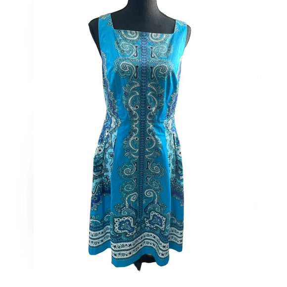 Women's Talbot Medallion Sheen Fit Flare Dress Blue Paisley Size:2 Pockets - Picture 2 of 10